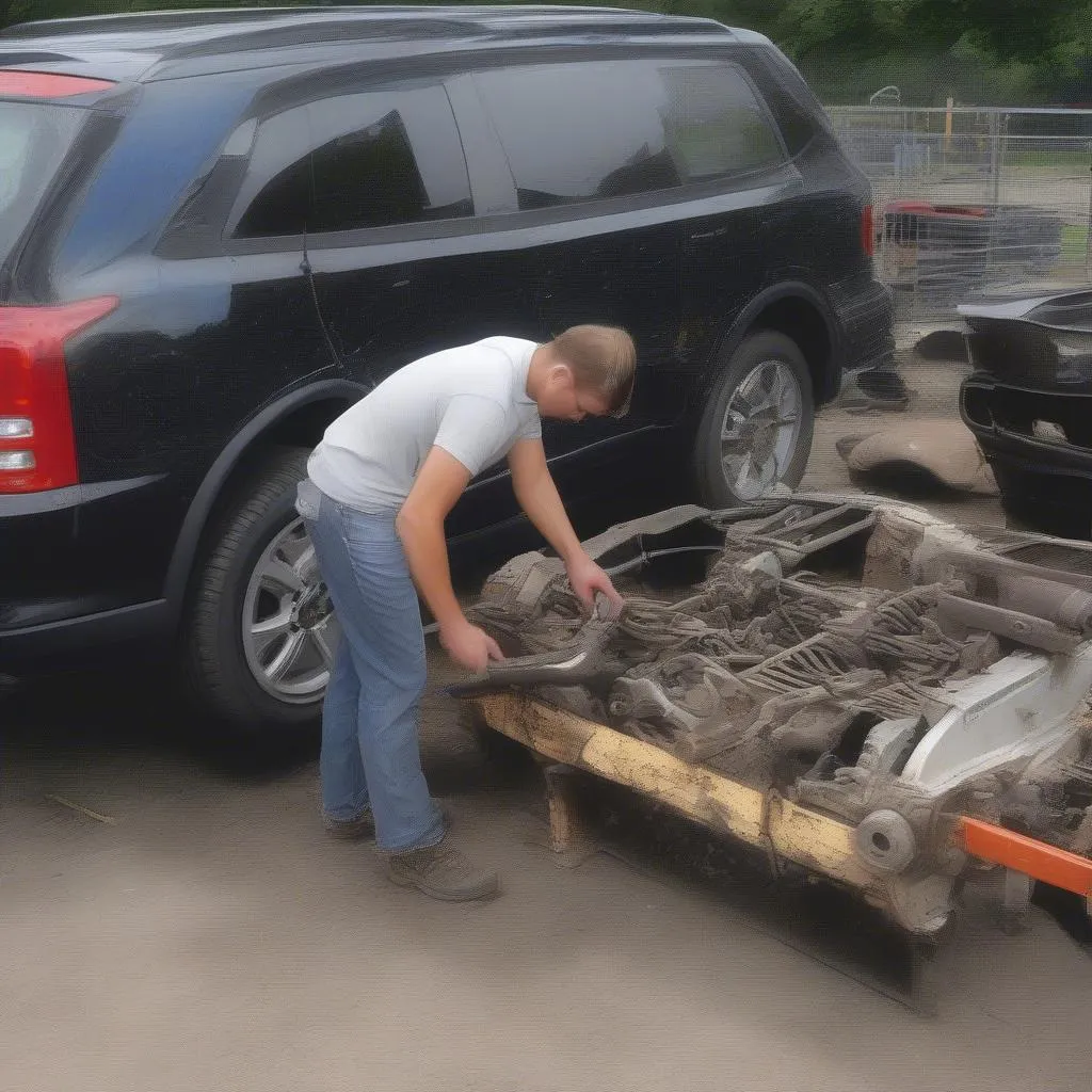 A customer carefully removes a part from a European car at the yard, emphasizing the DIY nature and safe environment.