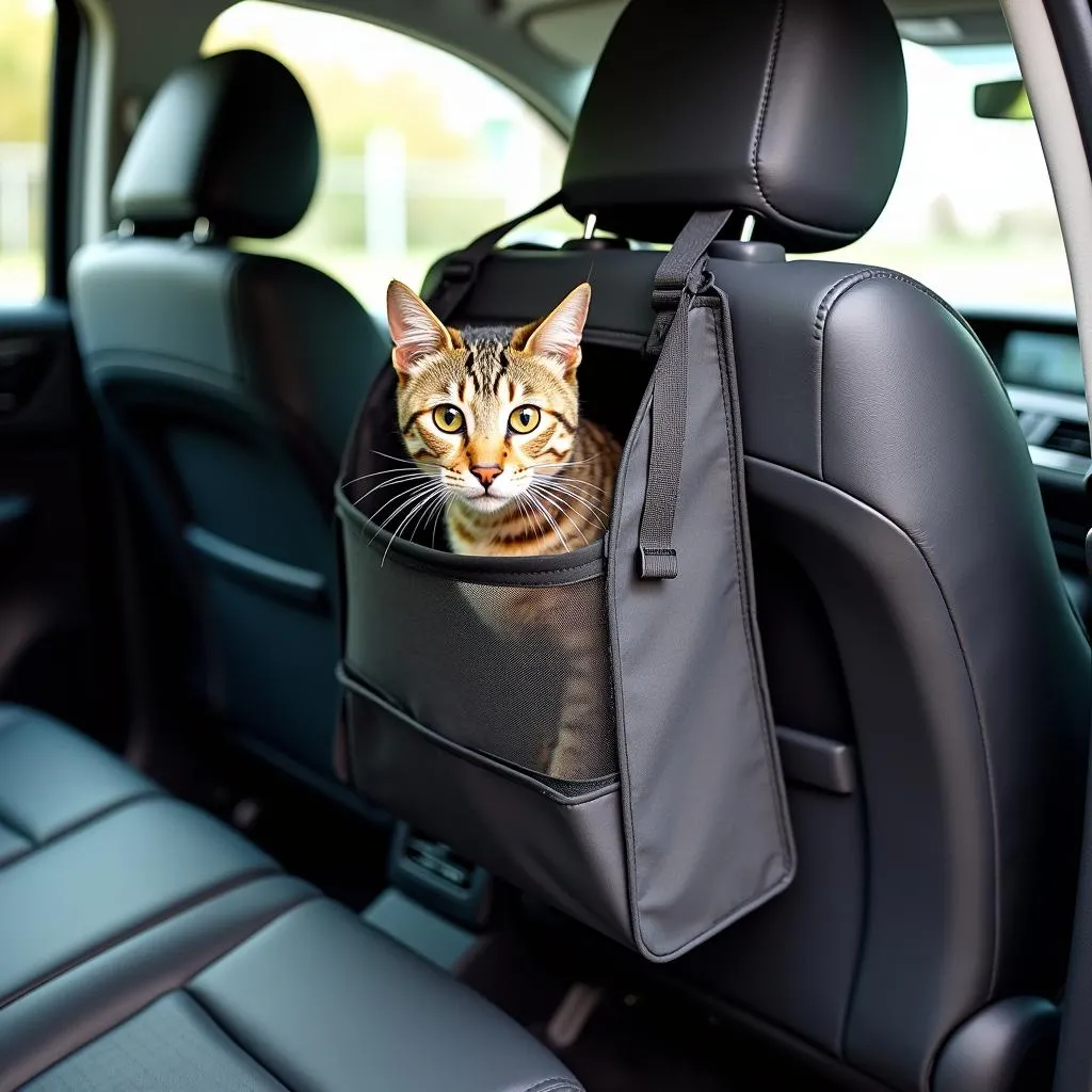 Cat Safely Secured in a Carrier in a Car