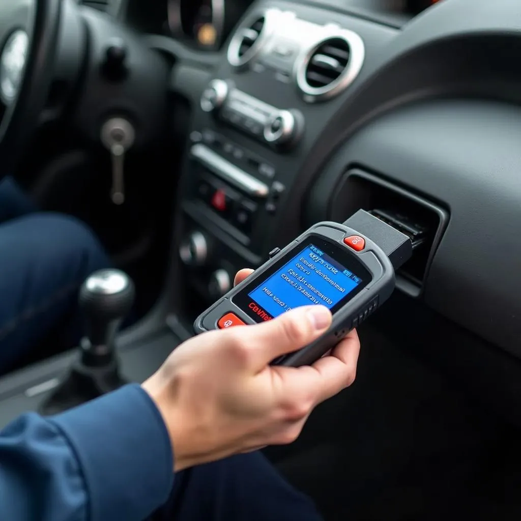 Mechanic using a Cen Tech OBD2 code reader on a car