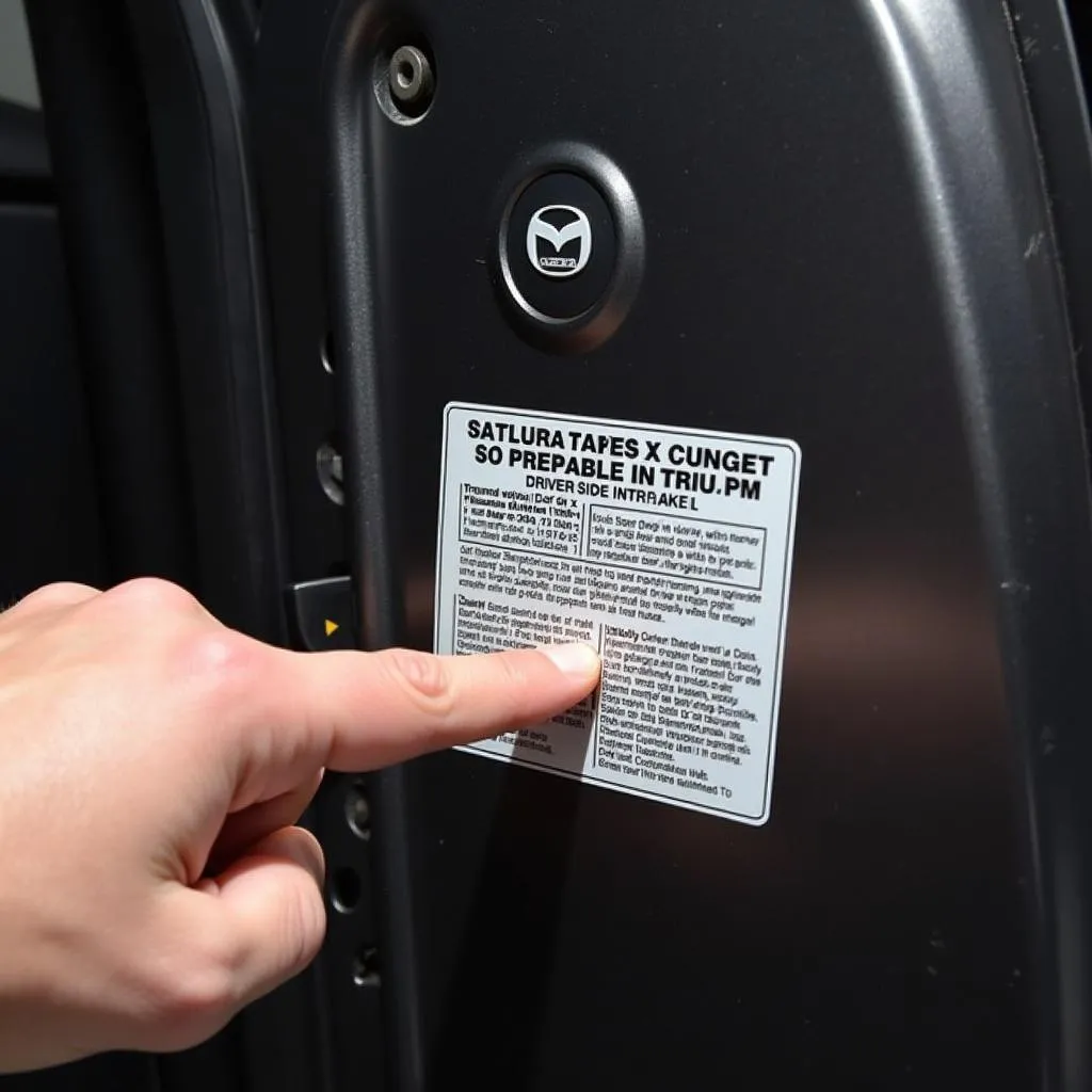 Mechanic inspecting a Mazda 3 tire pressure sticker