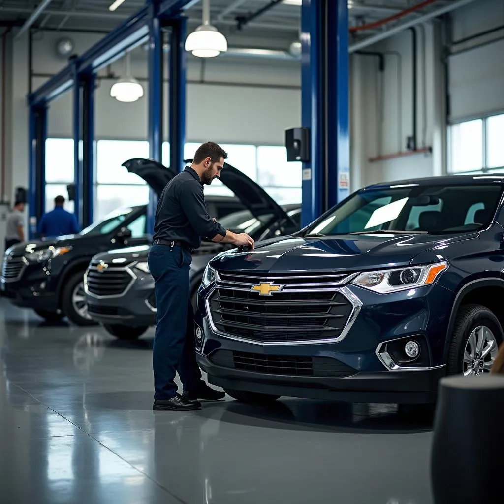  Mechanics working on a Chevrolet car in a modern service center 