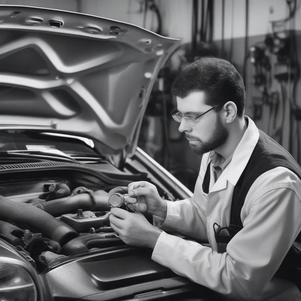 Mechanic inspecting engine