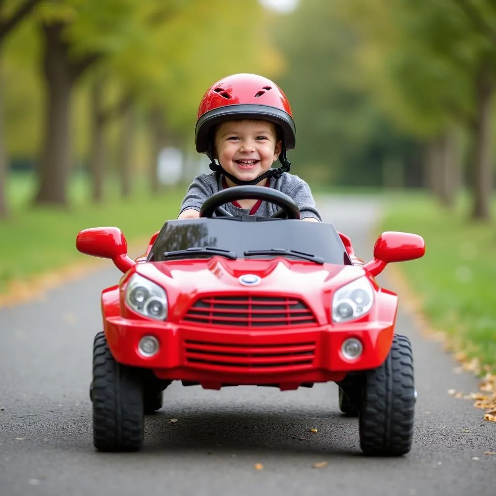 Child driving a red ride-on car in the park