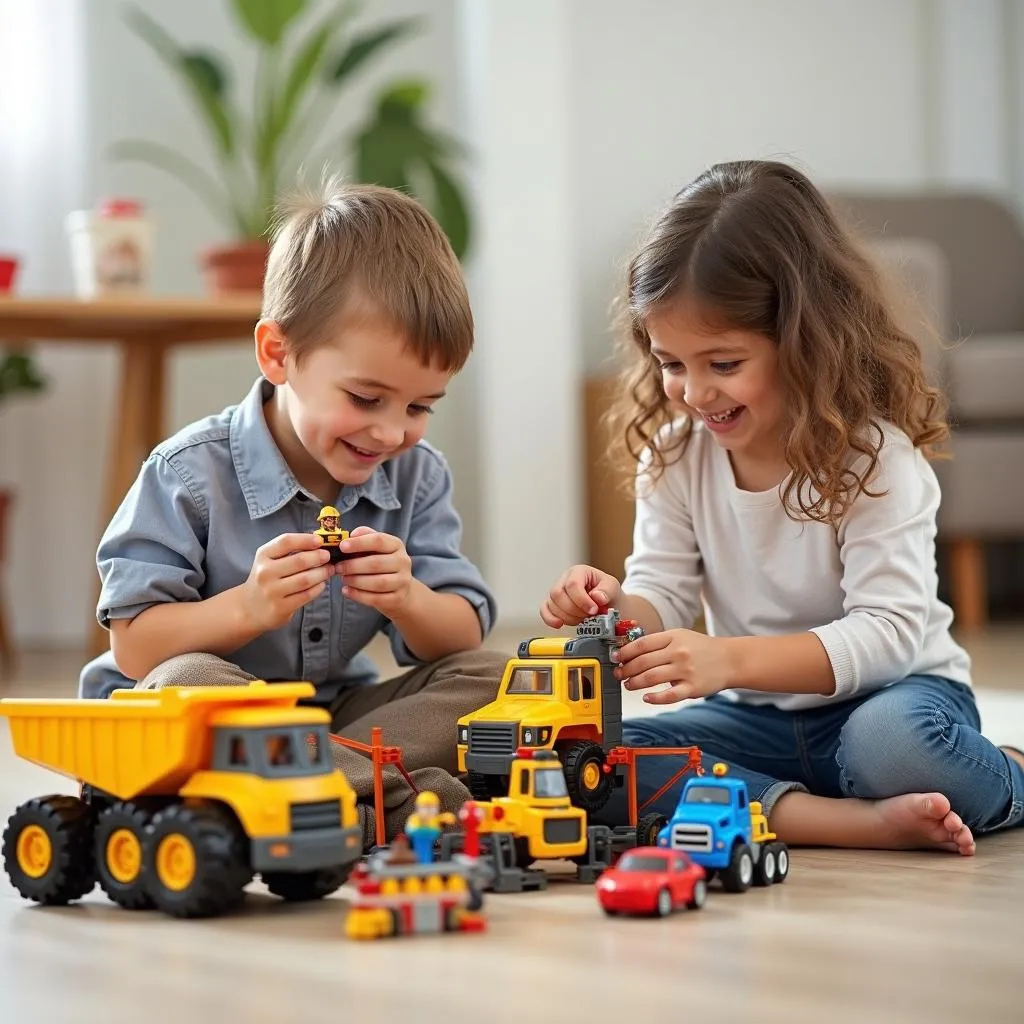 Children Playing with Construction Cars Toys