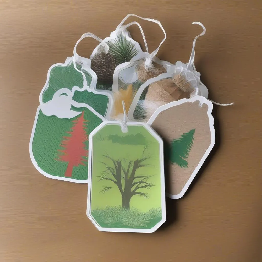 Christmas tree shaped car air fresheners with a pine scent hanging from the rearview mirror.