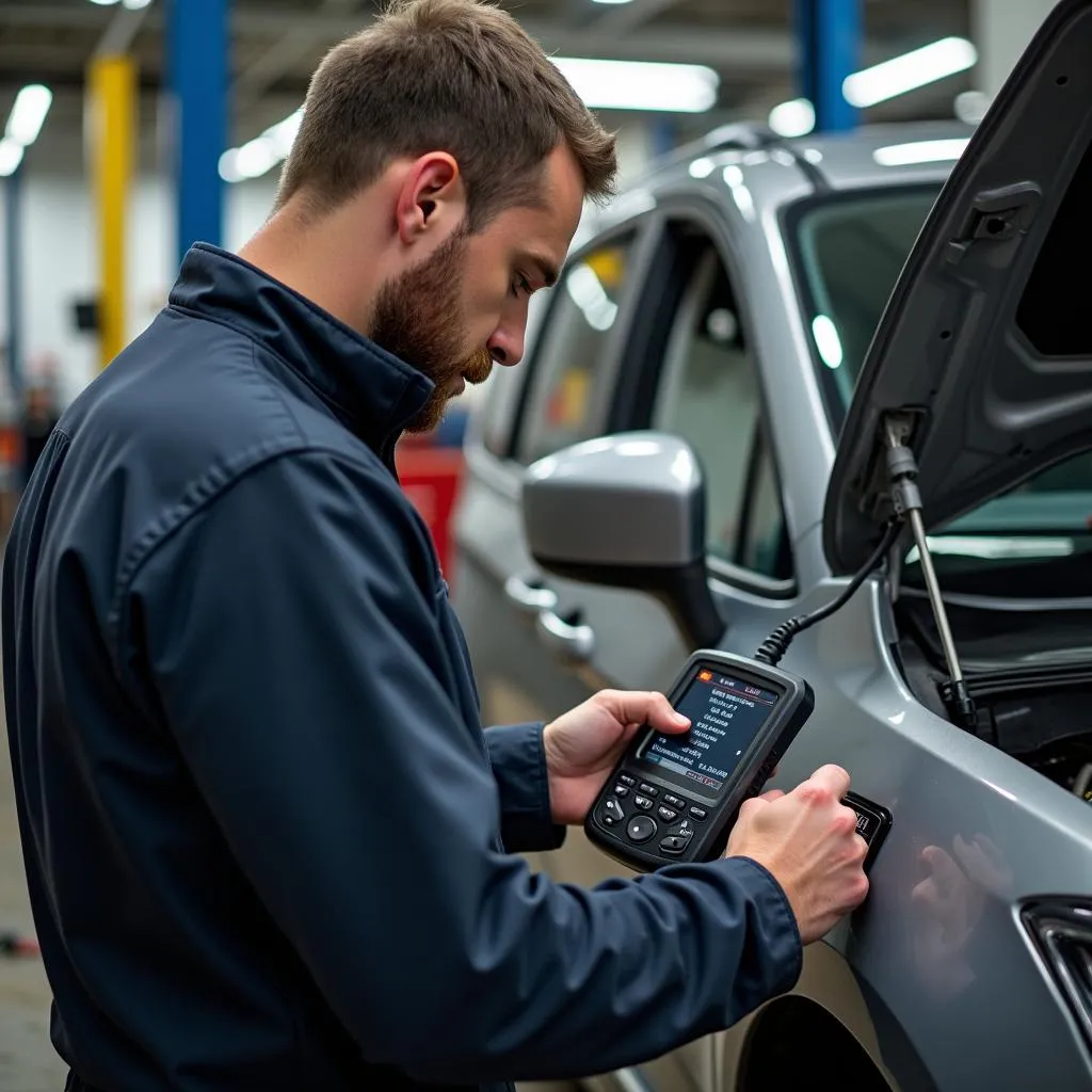 Mechanic using a Chrysler OBD2 scanner to diagnose a check engine light