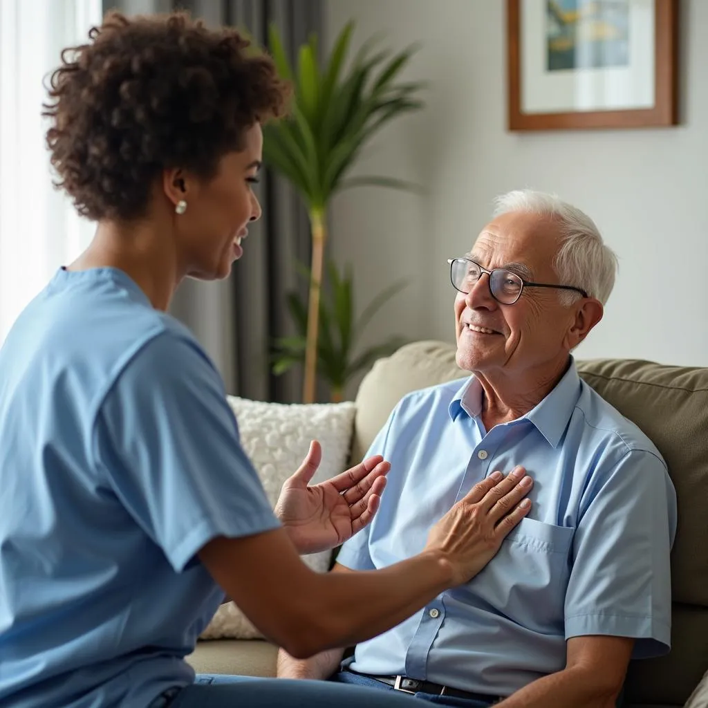 Elderly man smiling with a caregiver