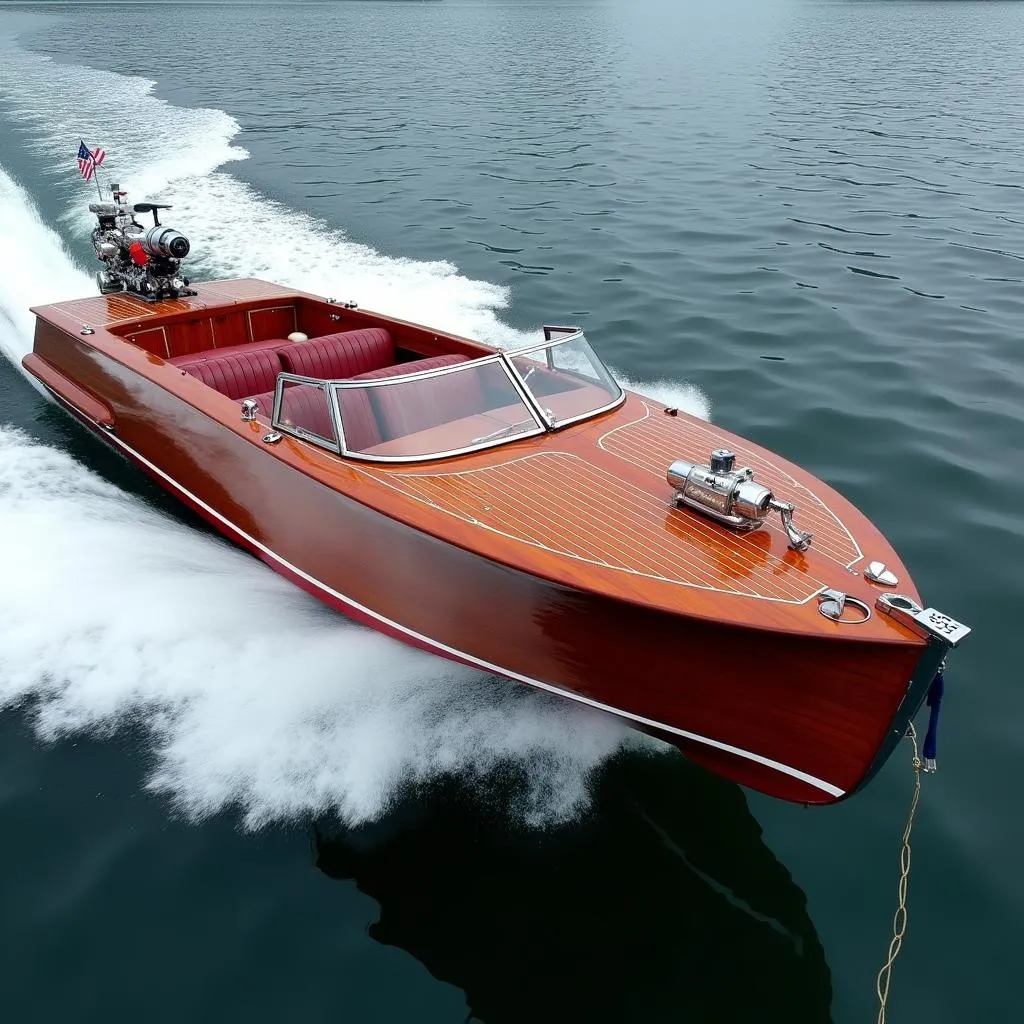 A classic wooden boat with a car engine speeds across the water.