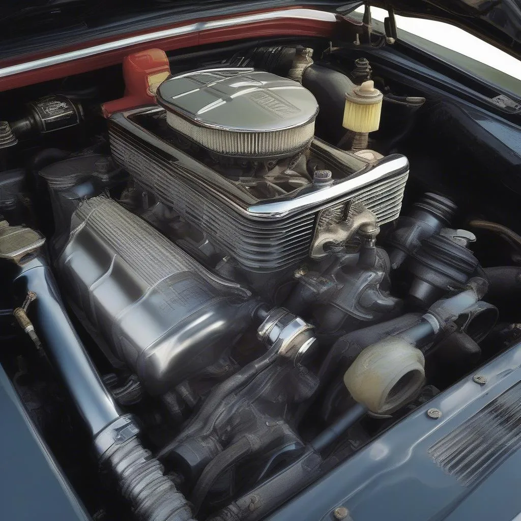 A close-up shot of a classic car engine