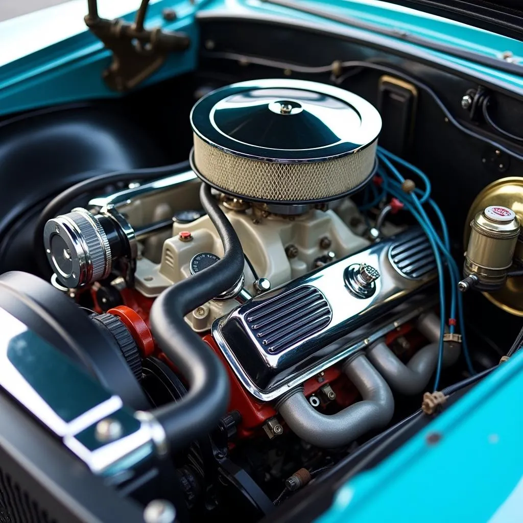 A detailed view of a classic car engine bay