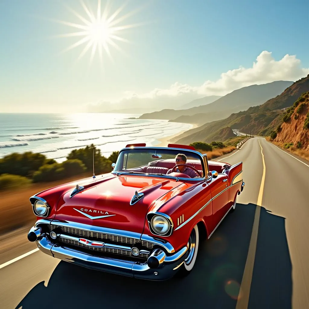 Red classic car cruising down Pacific Coast Highway