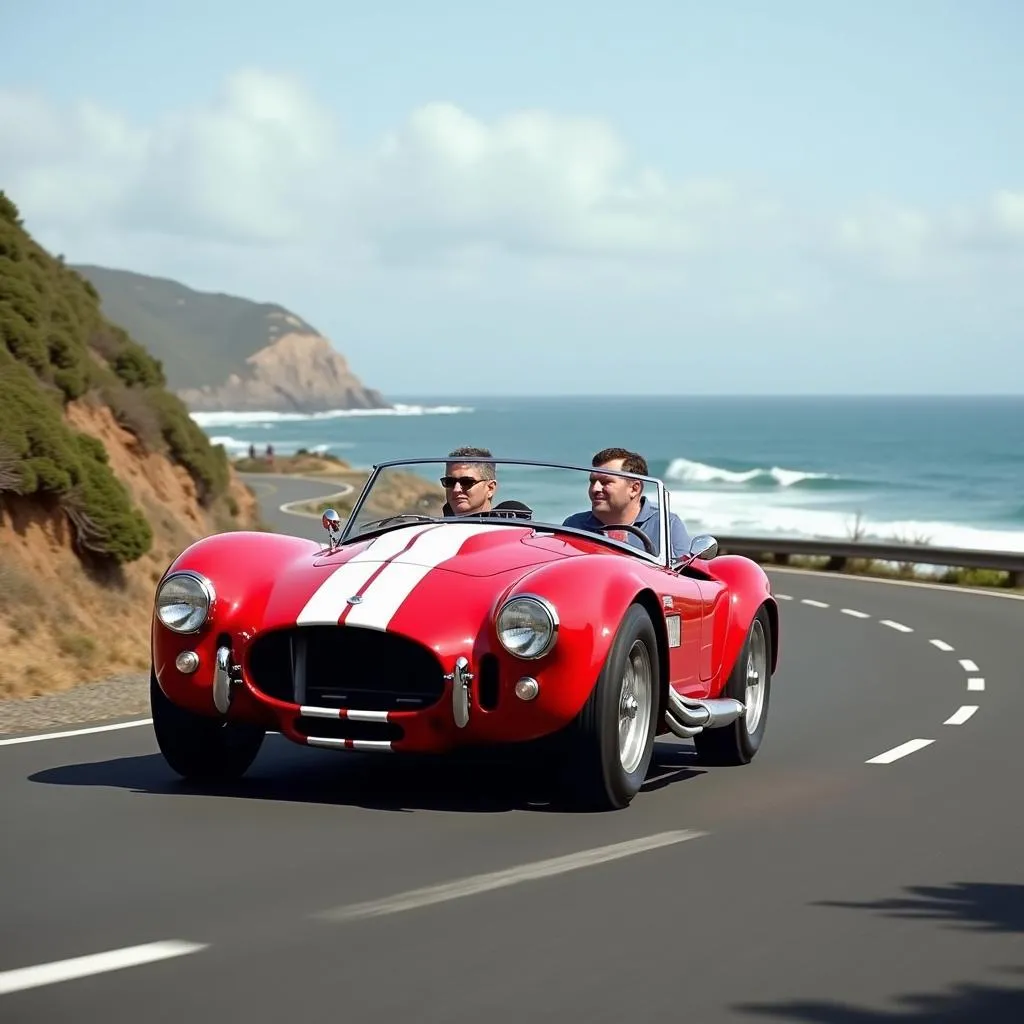 A vintage sports car driving on a scenic road