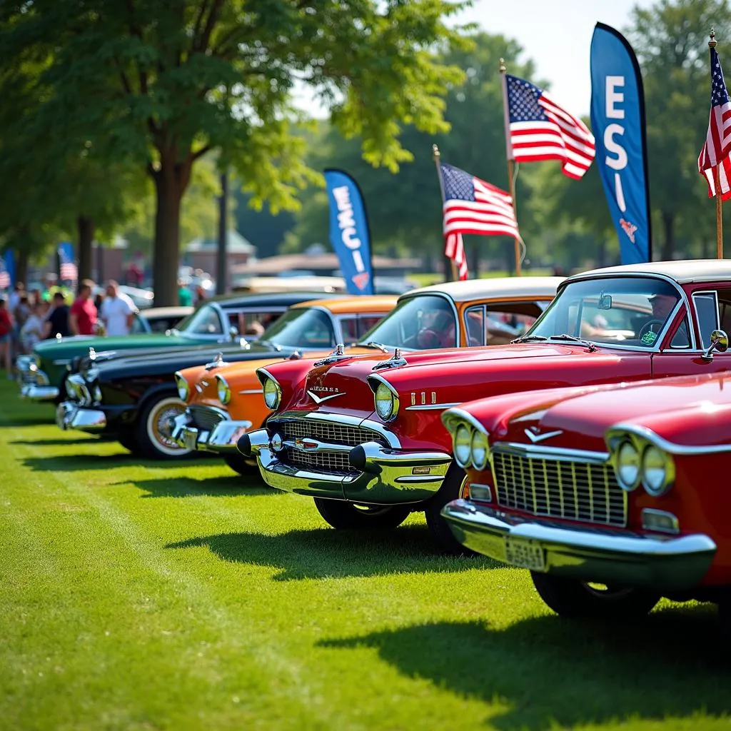 Classic cars lined up at a Fayetteville car show