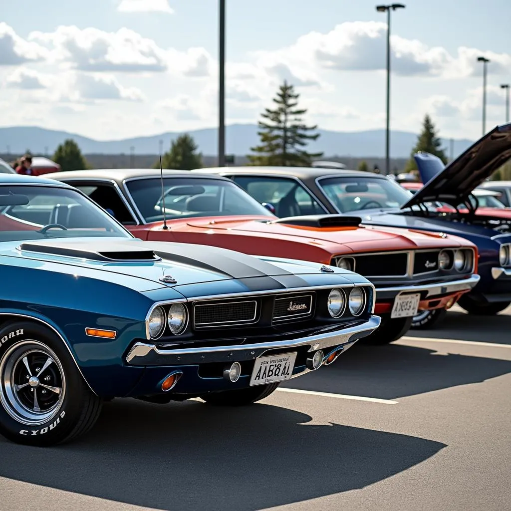 Classic Mopar lineup at a car show 