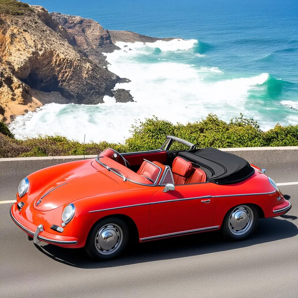 Classic red Porsche 356 convertible driving on a coastal highway