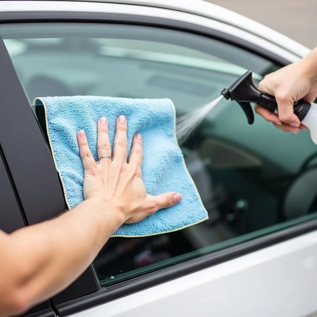 Cleaning Car Window with Microfiber Cloth