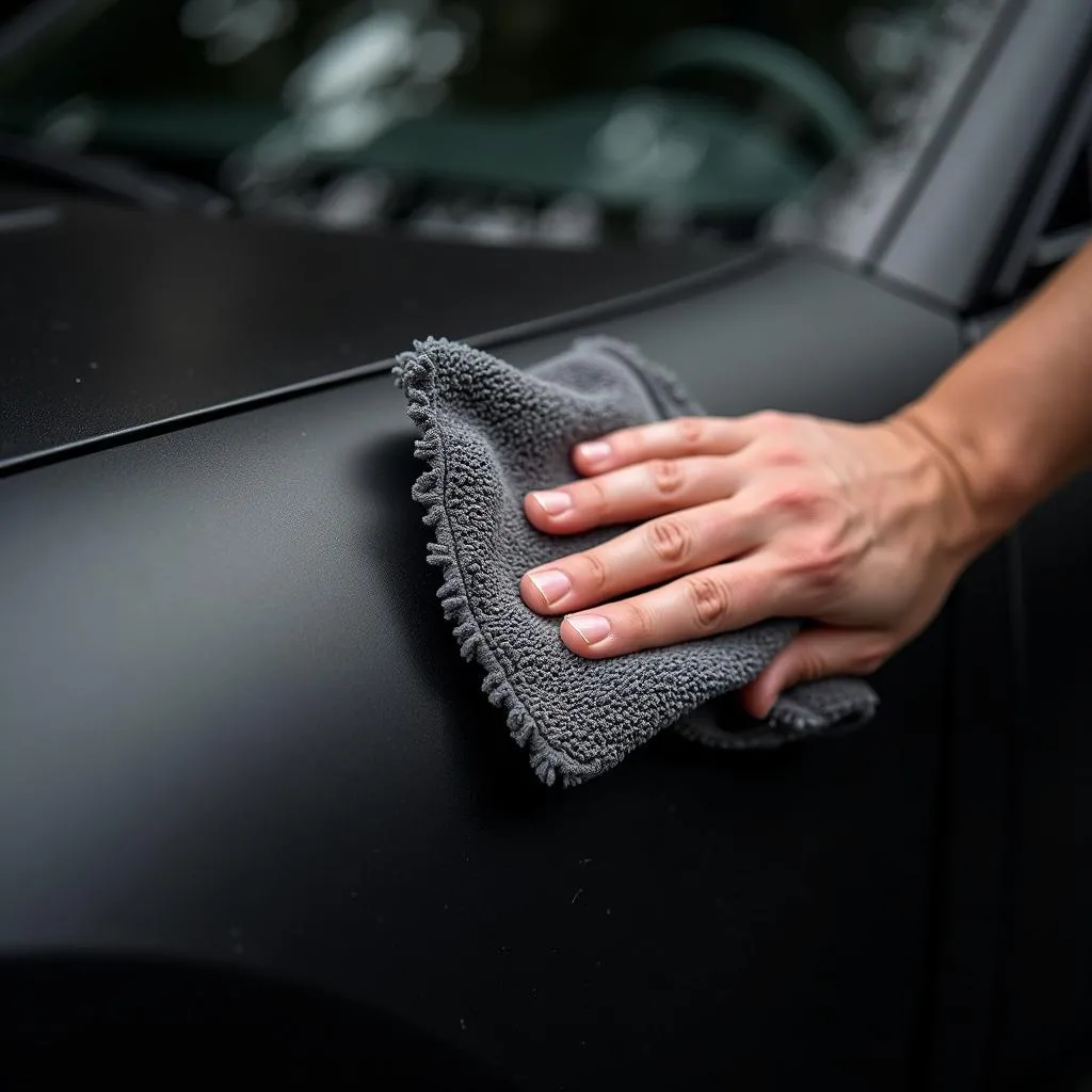 A person cleaning a matte car with a microfiber cloth