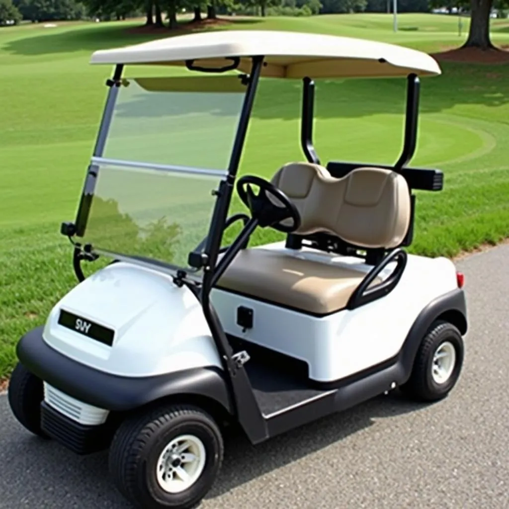 Brand new Club Car DS golf cart with fresh, stylish seat covers