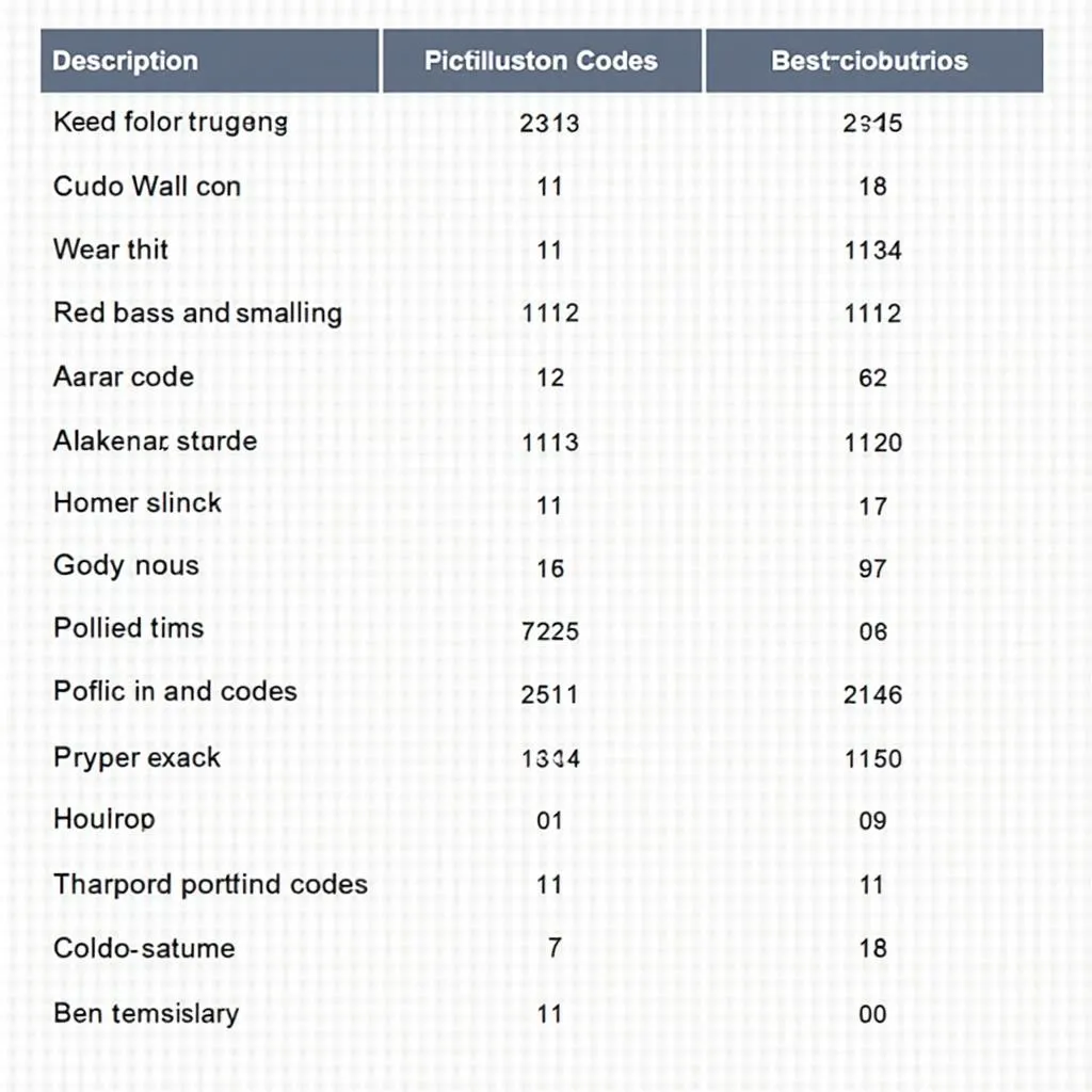 Table listing common Actron CP9125 codes and their meanings