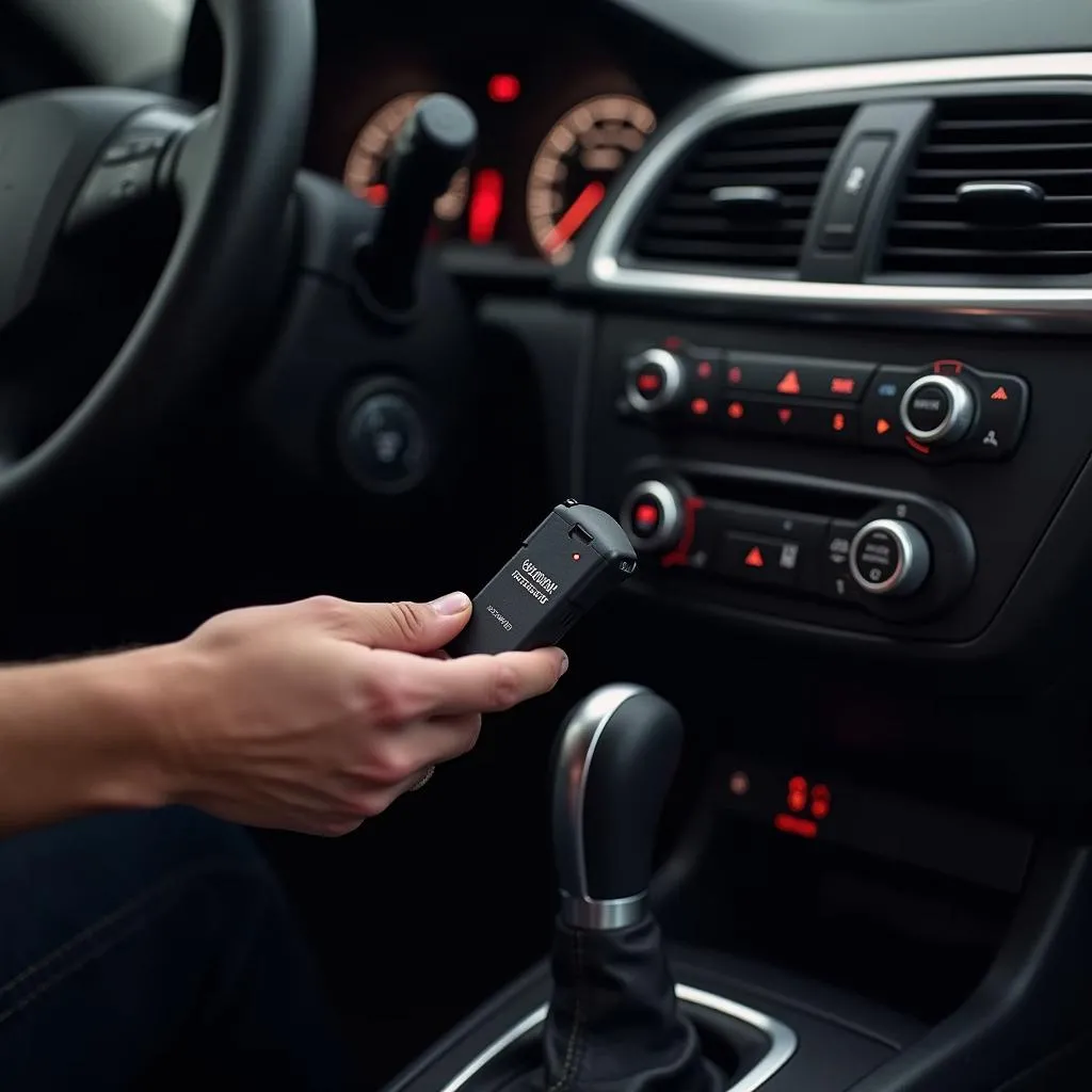 Mechanic connecting Continental OBD dongle to a car's OBD-II port