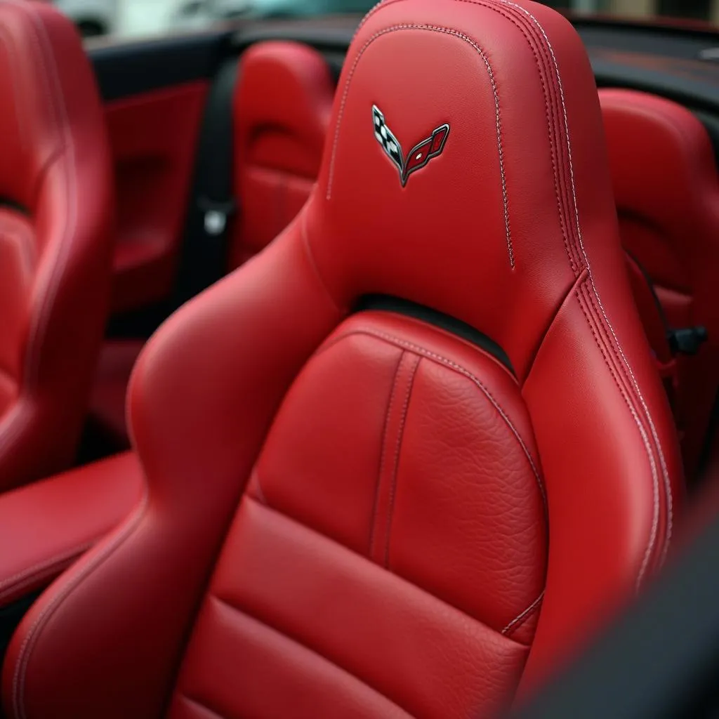 Corvette car seat upholstery with red leather and stitching