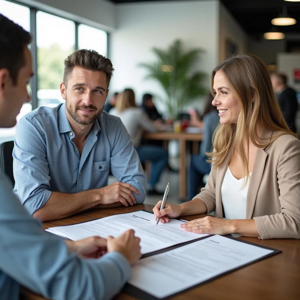 Couple reviewing car rental contract