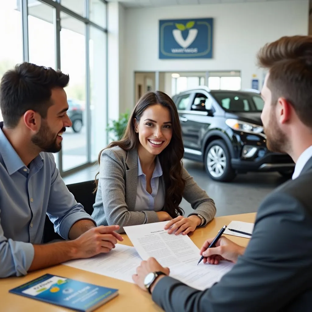 Couple reviewing Vantage Credit Union car loan documents at dealership