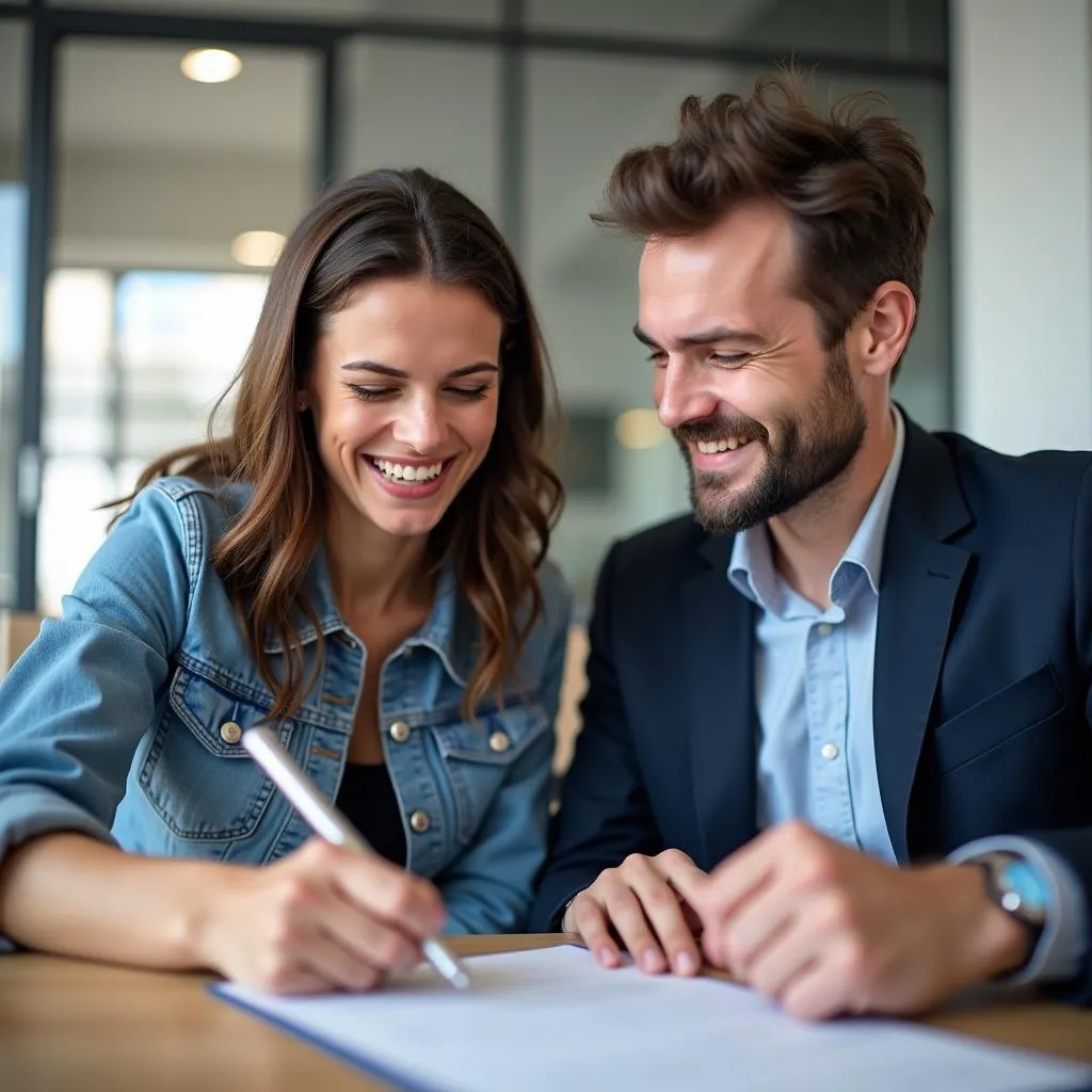 Couple Signing Car Loan Documents at Dealership