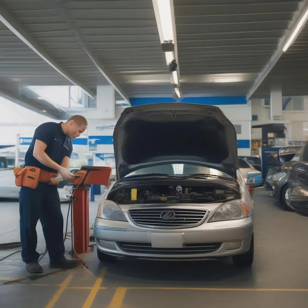 A mechanic inspecting a car at a cruise terminal service station