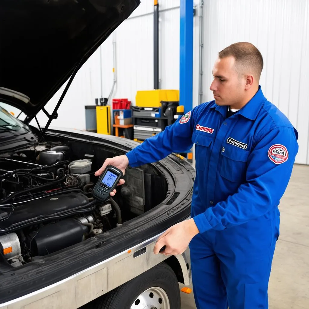 Mechanic using a Cummins OBD scanner to diagnose an engine issue