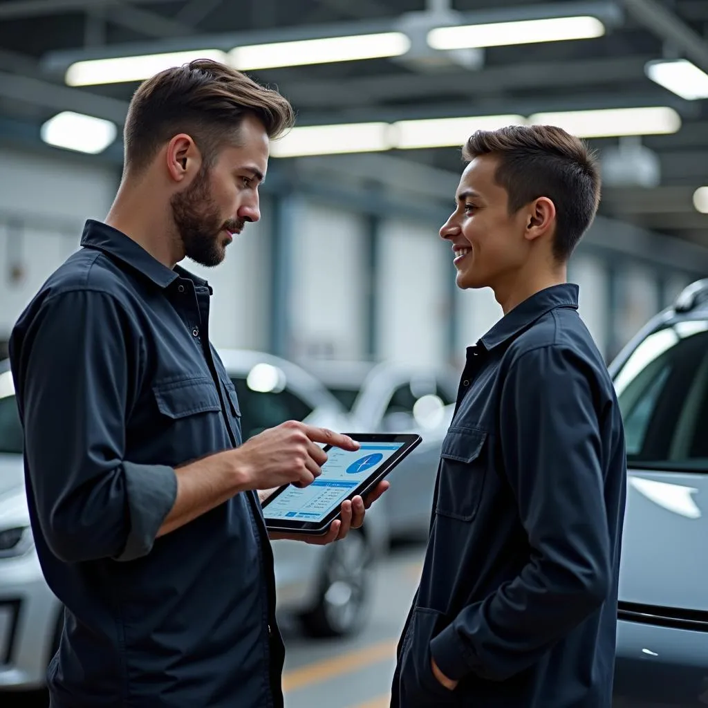 Customer and Mechanic Discussing EV Repair