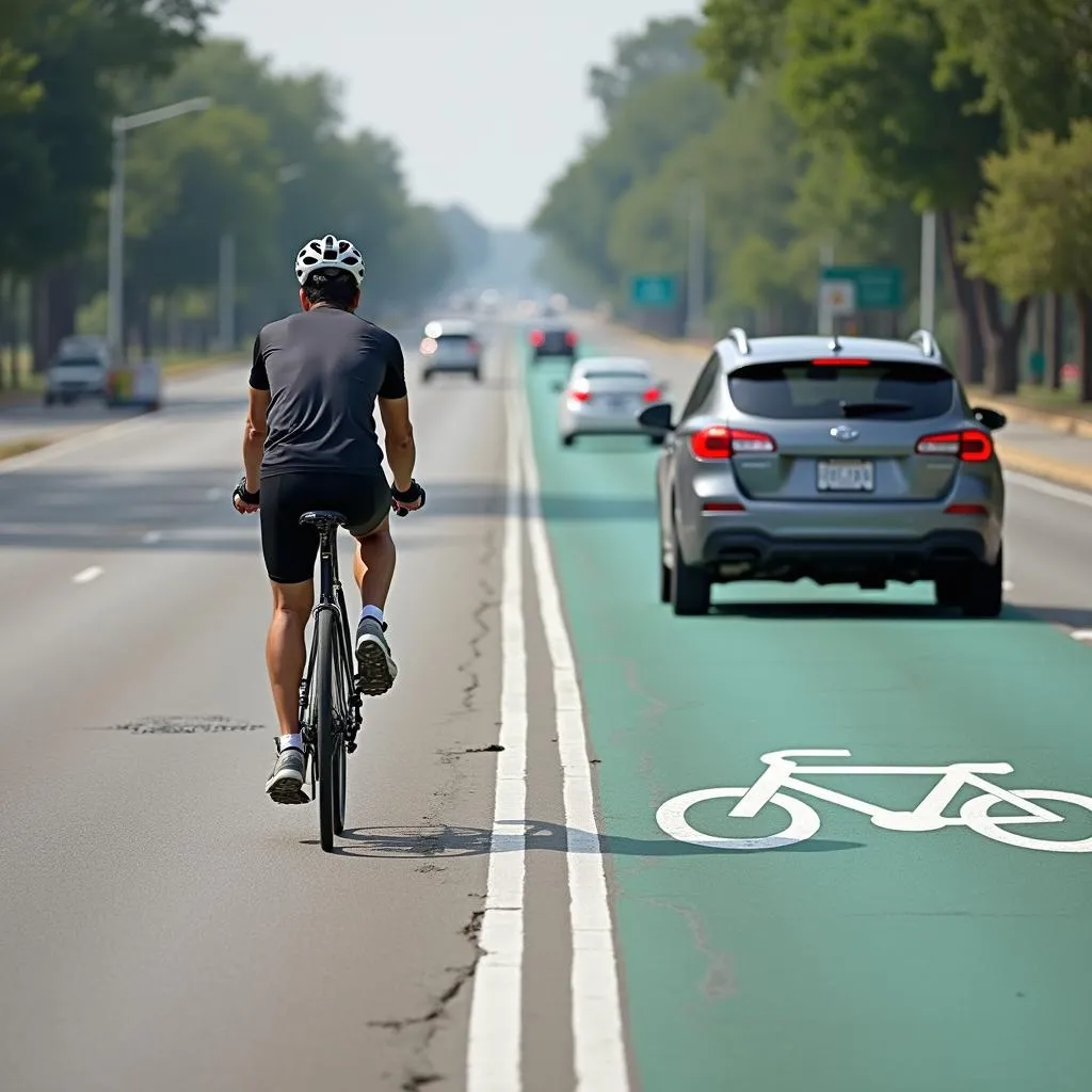 Cyclist and Car Sharing the Road Safely