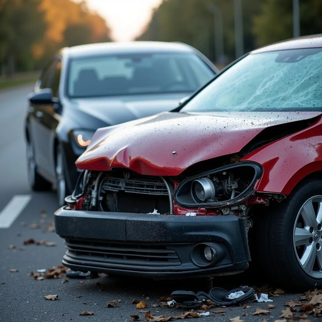  A car with severe damage after an accident on I-90