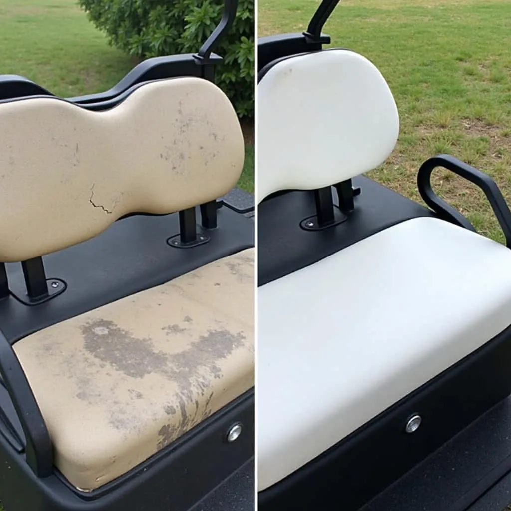 Comparison of a damaged, worn-out golf cart seat with a pristine new seat cover