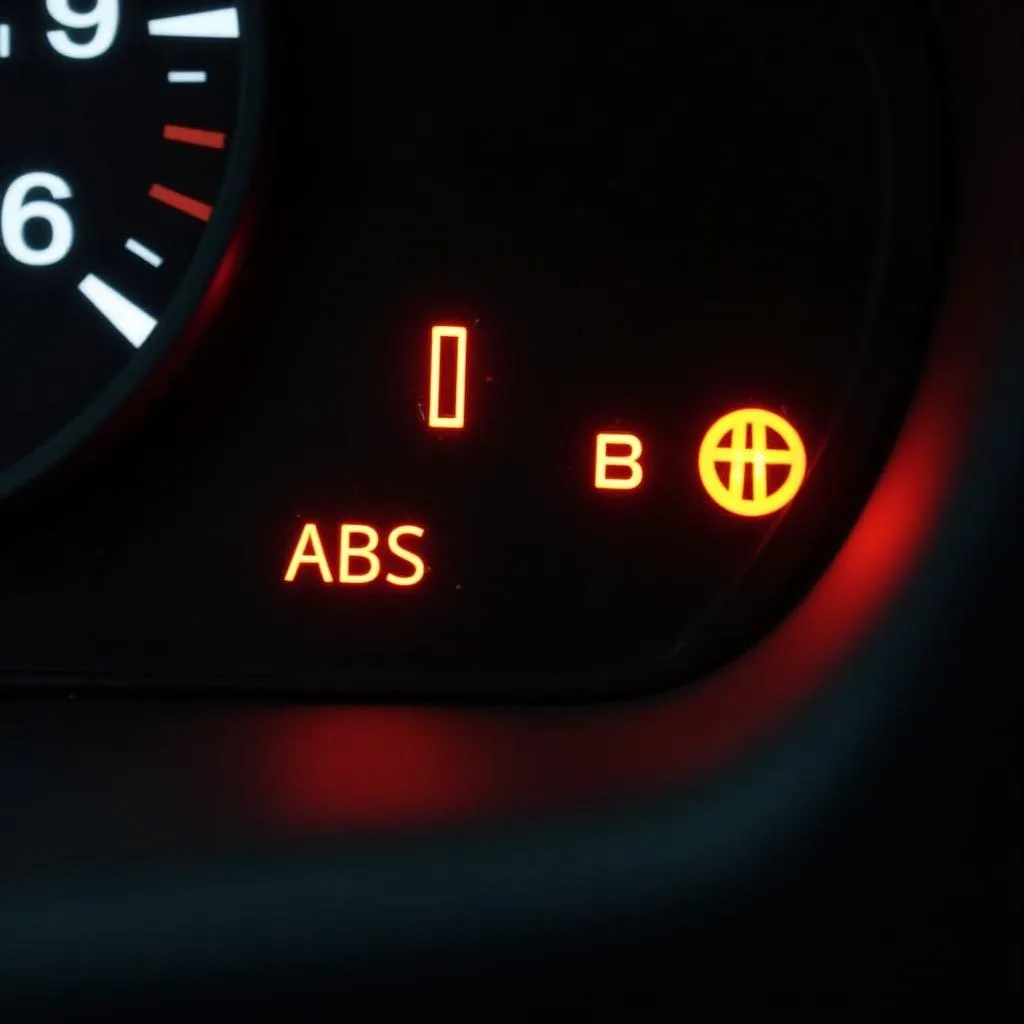 Car dashboard with multiple warning lights illuminated