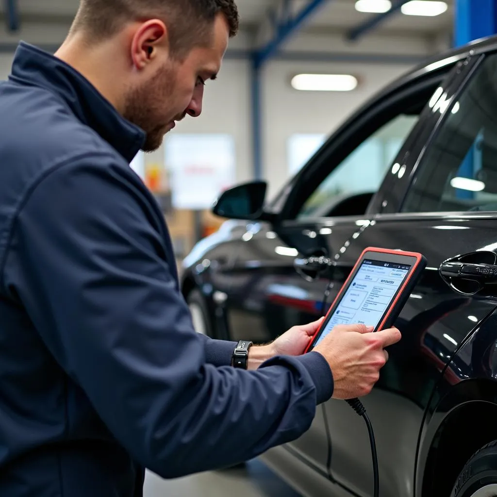 Mechanic using a dealer-level scanner to diagnose a BMW