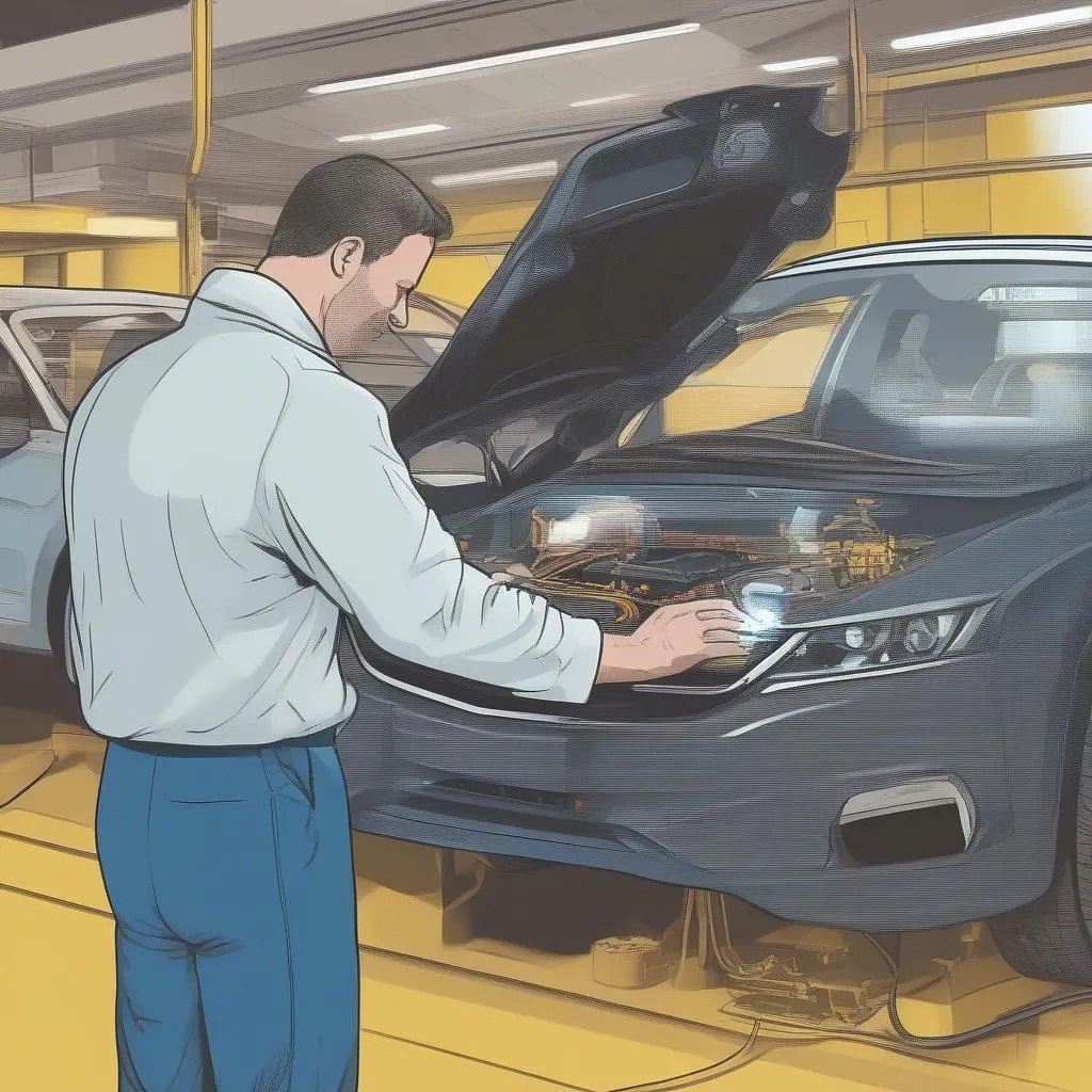 A mechanic using a dealer-level scanner to diagnose a European car