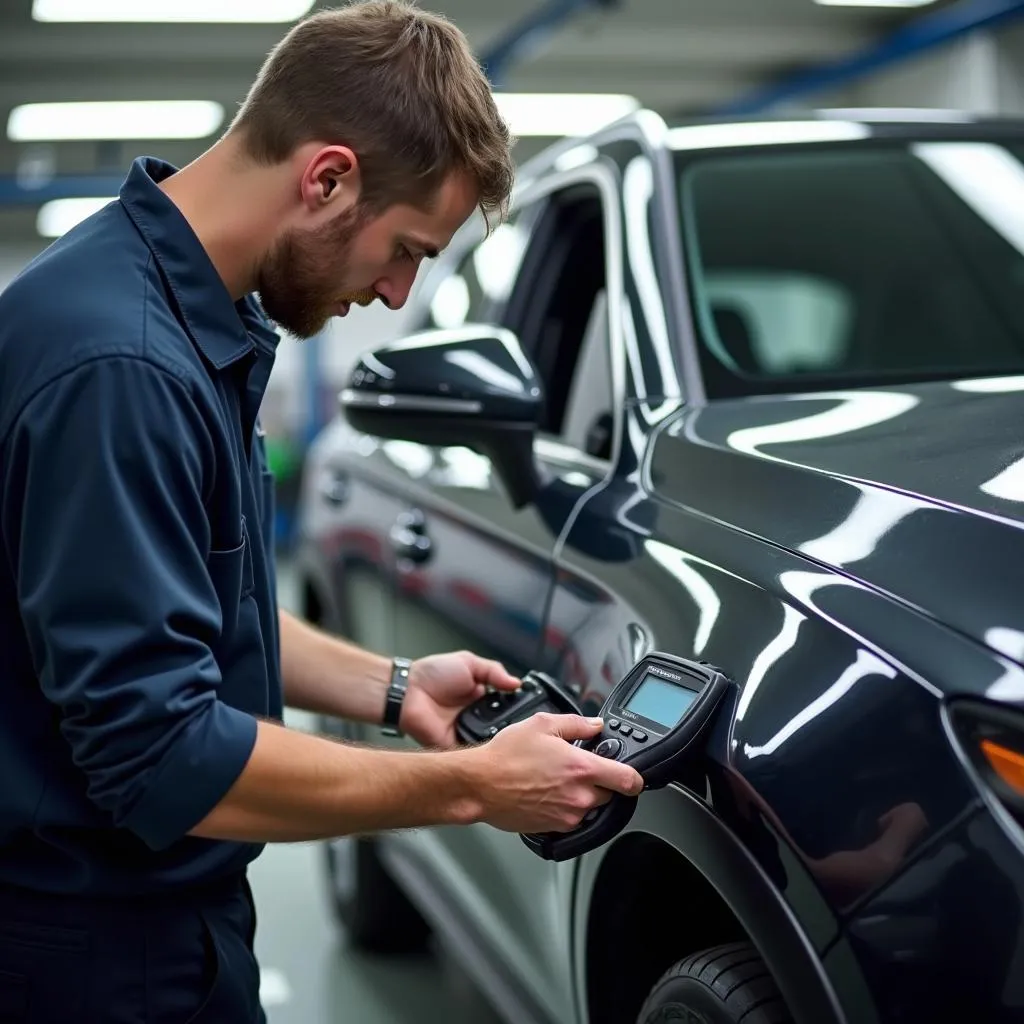 Mechanic connecting a dealer scanner to a car's OBD-II port