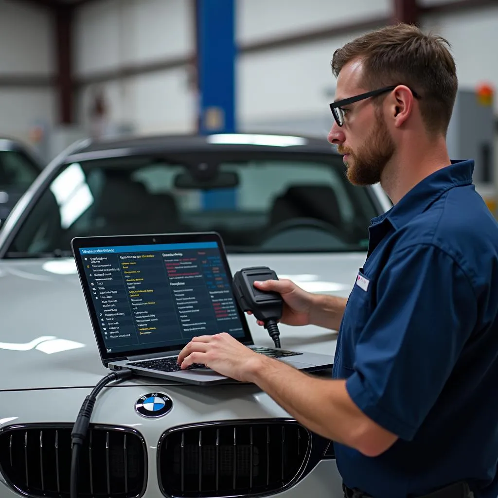 Mechanic using a dealer scanner to diagnose an electrical problem in a BMW