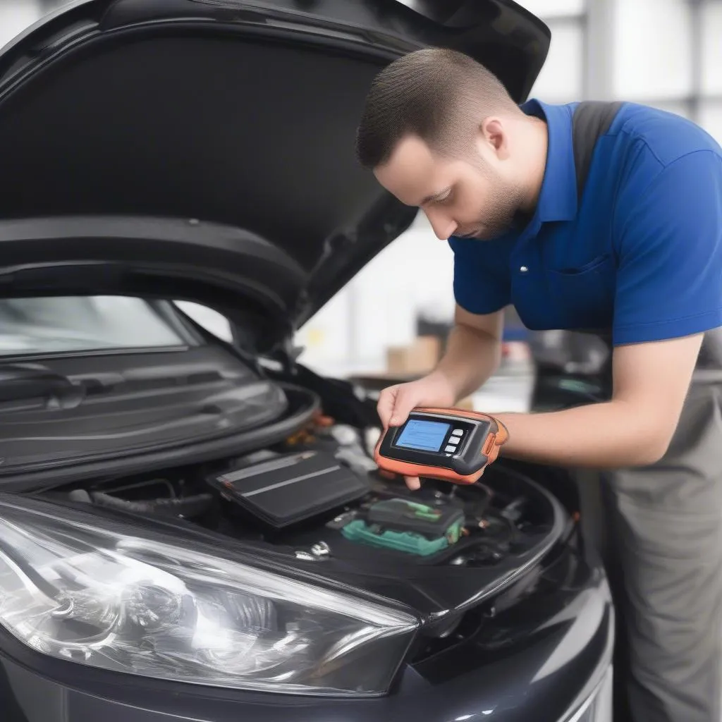 A Mechanic Using a Dealer Scanner to Diagnose a European Car's Electrical System