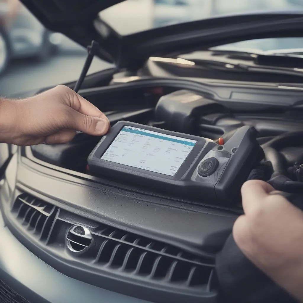 A Mechanic Utilizing a Dealer Scanner to Diagnose a European Vehicle