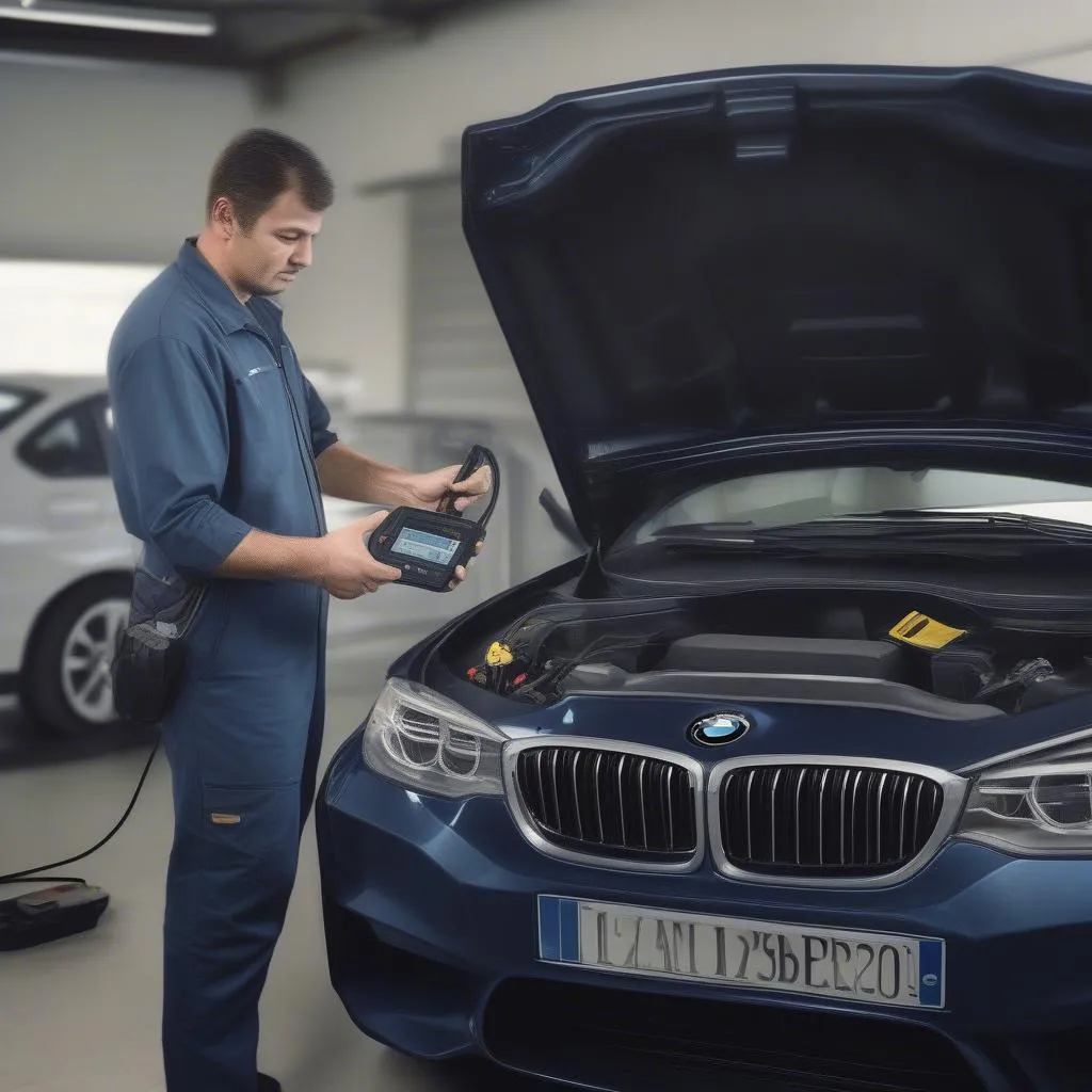 A mechanic uses a dealer scanner to diagnose electrical issues in a European car