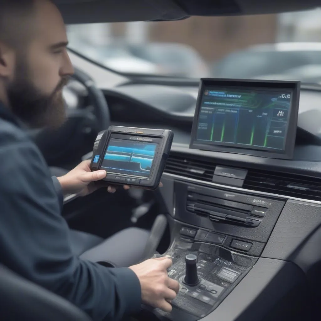 A dealer scanner connected to a European car's diagnostic port