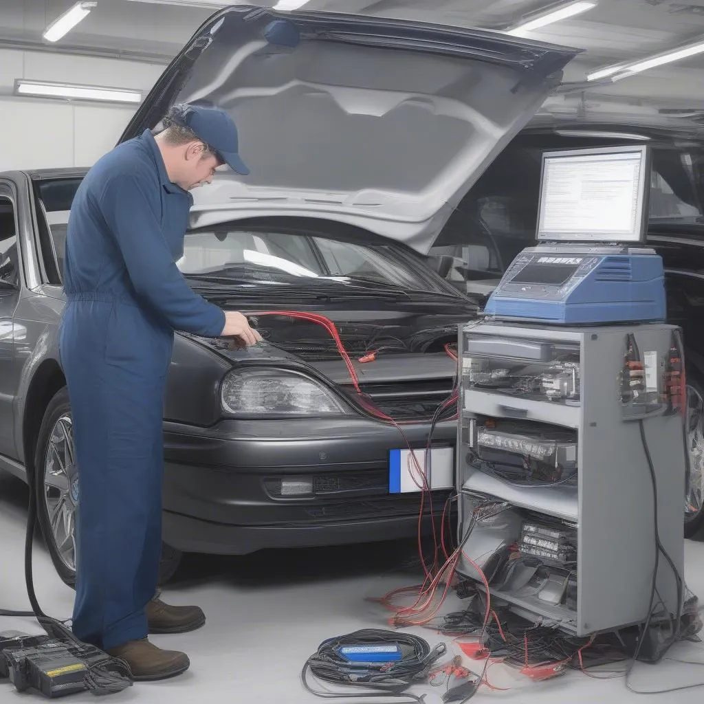 Dealer scanner being used to diagnose an electrical issue in a European car