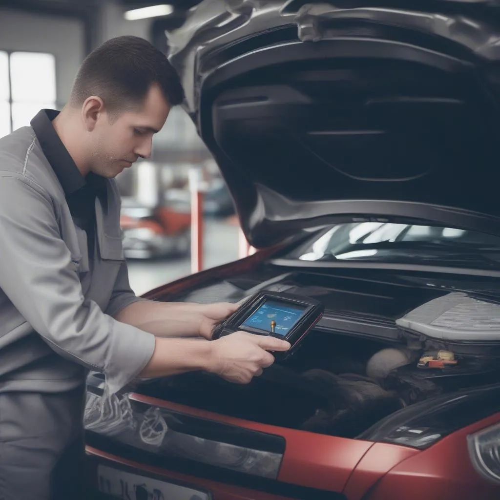 A mechanic using a dealer scanner to diagnose a European car