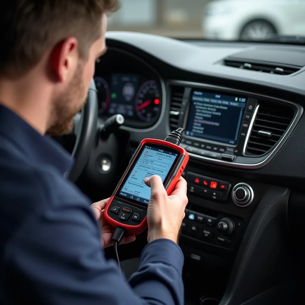 A mechanic using a dealer scanner to diagnose a problem in a European car