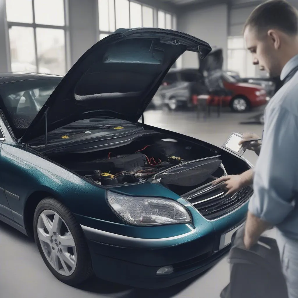 A Mechanic Using a Dealer Scanner to Diagnose a European Car