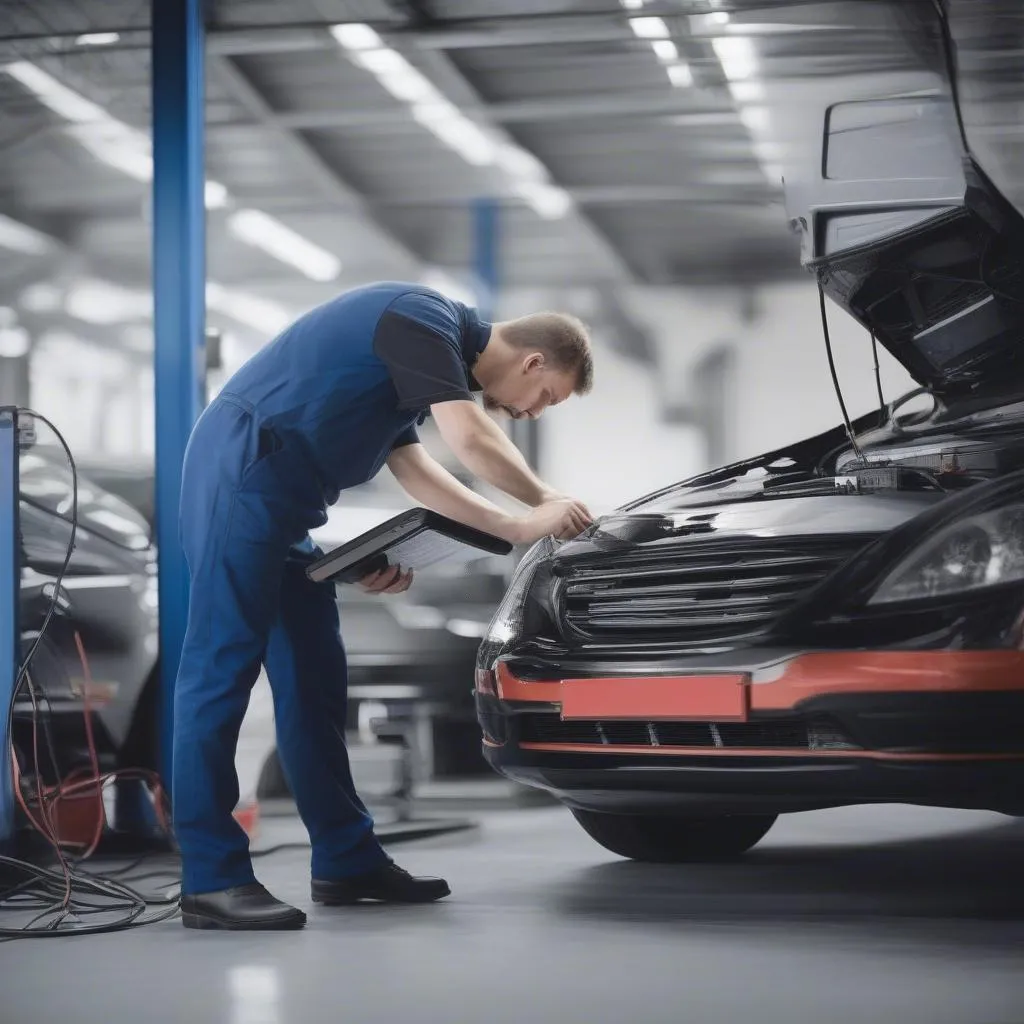 A mechanic using a dealer scanner to diagnose a European car