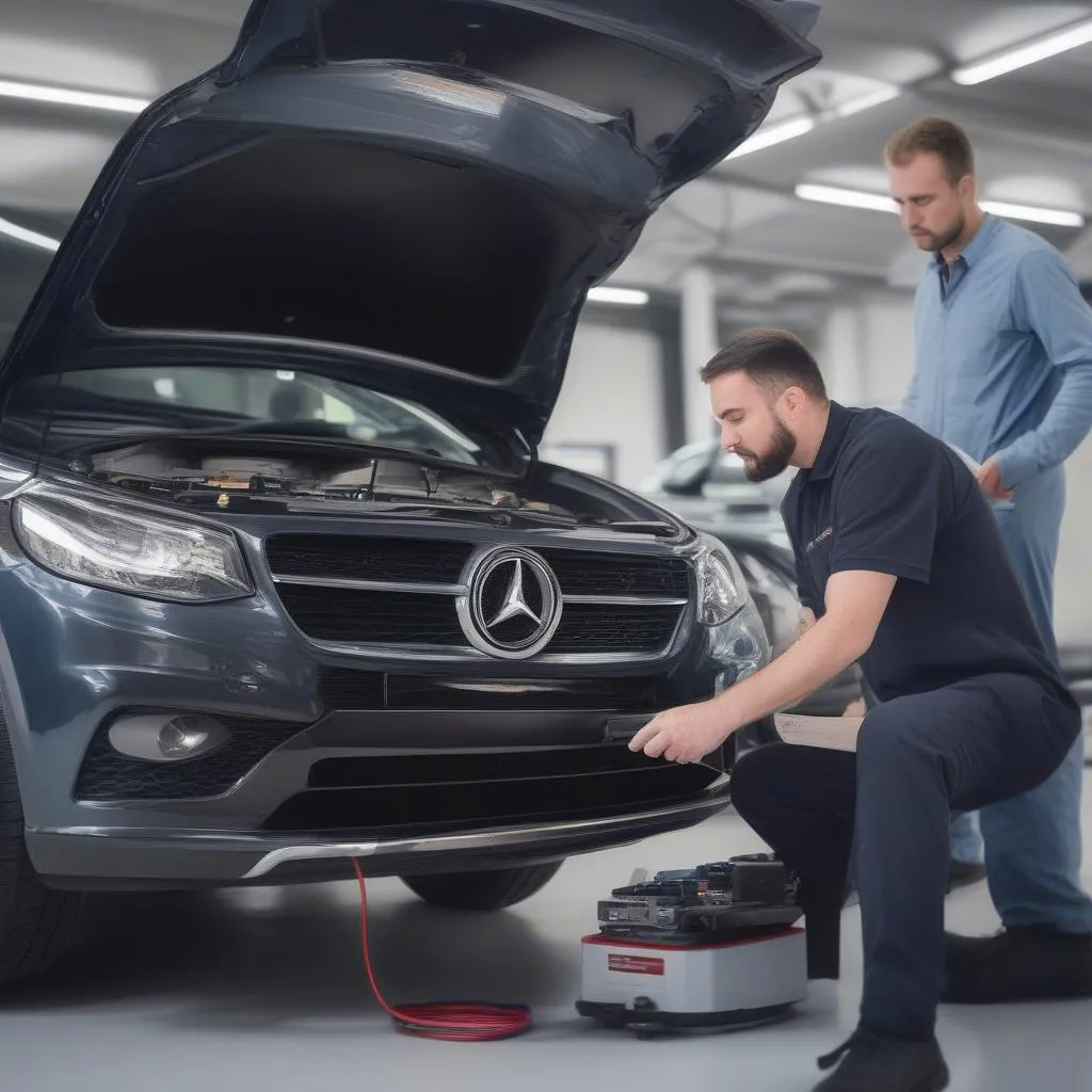 Mechanic undergoing training on a dealer scanner for European car diagnostics