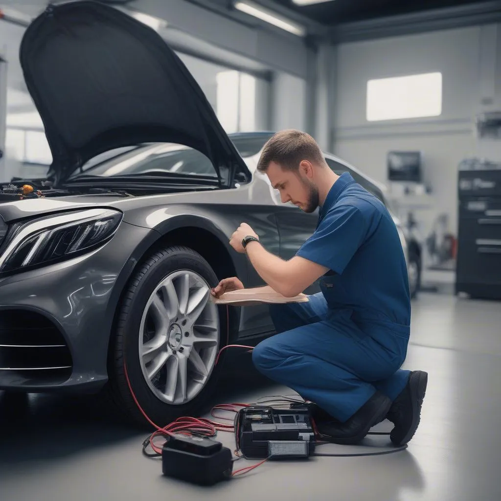 Mechanic working on a car in a dealership